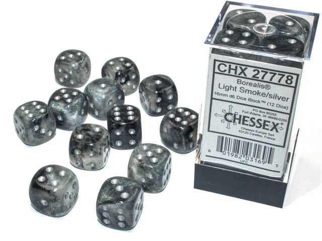 Chessex 16mm D6 Dice Block Borealis Light Smoke/Silver (Luminary Effect)